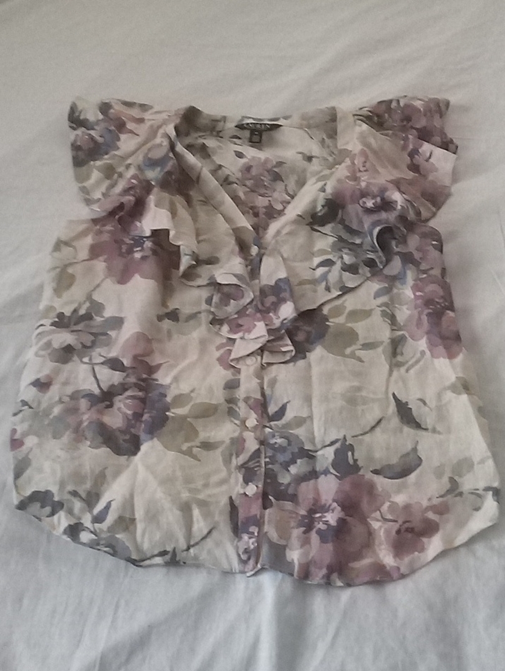 Ralph Lauren Cream Floral Ruffle Front Linen Blouse